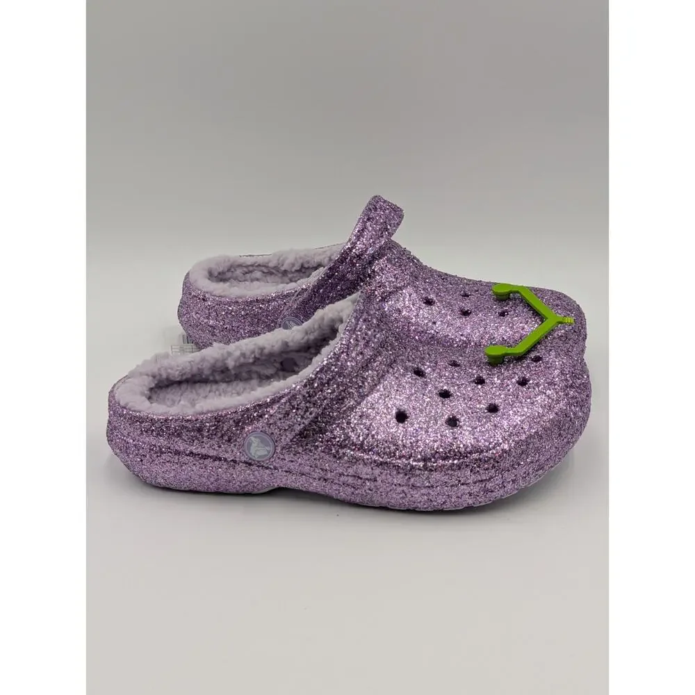 Crocs Kids Girls Size J5 Classic Lined Chunky Glitter Purple Fuzzy Sparkly Clogs
